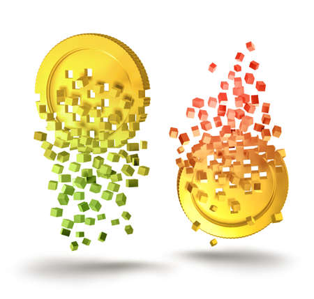 Crypto currency golden virtual money coins breaking into scattered digital pixel blocks, cryptocurrency prices variation conceptの写真素材