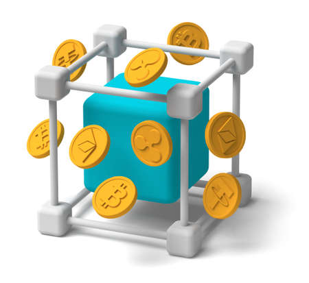 Bitcoin, Ethereum, Tether and Ripple crypto currency blockchain mining concept 3D, white background isolated, drop shadowの写真素材