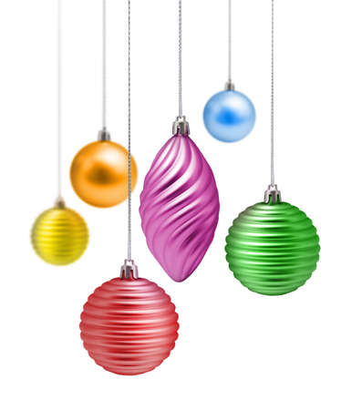 Metallic rainbow color Christmas decoration set on white backgroundの写真素材