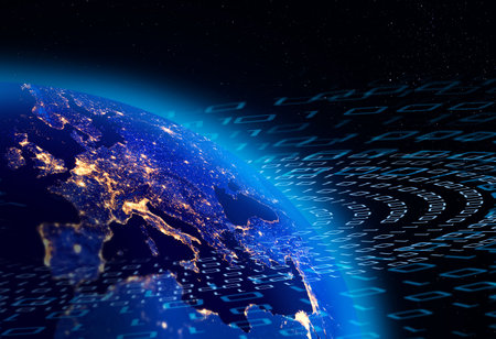 Binary data flow around Planet Earth, European city lights visible. Digital communication concept.の写真素材