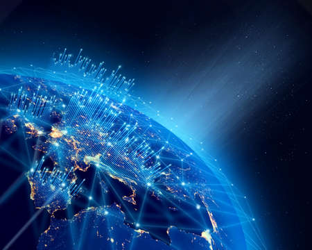 Planet Earth, city lights and worldwide growth digital data network infrastructure.の写真素材
