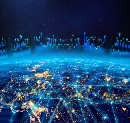 Planet Earth,  city lights and worldwide digital network infrastructure.