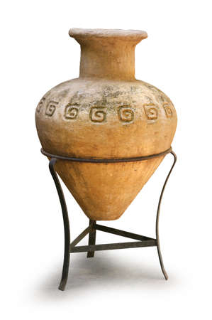 Old Greek amphora terracotta clay pot with iron support stand, isolated on white background, drop shadowの写真素材