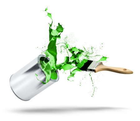 Paint can and brush fall bursting green color splash, environmental ecology conceptの写真素材