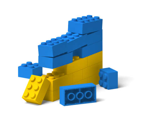 Plastic toy building block wall with Ukrainian flag colors broken and collapsed, 3D conflict conceptの写真素材