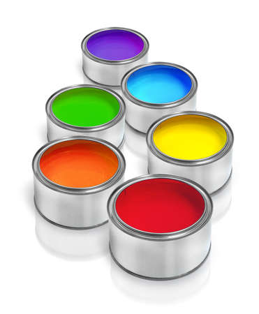 Tin cans with rainbow spectrum color paints purple, blue, green, yellow, orange, red, diversity conceptの写真素材