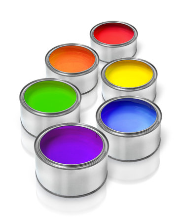 Tin cans with rainbow spectrum color paints purple, blue, green, yellow, orange, red, diversity conceptの写真素材
