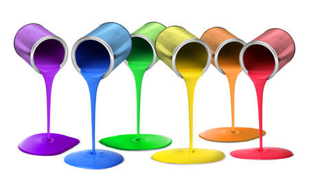 Metal tin cans pouring rainbow spectrum color paints purple, blue, green, yellow, orange, red, diversity conceptの写真素材