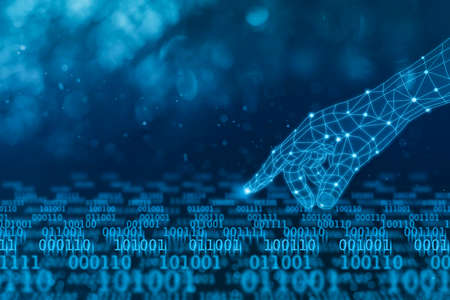 Digital hand touching binary data flow in dark blue background, abstract technology concept