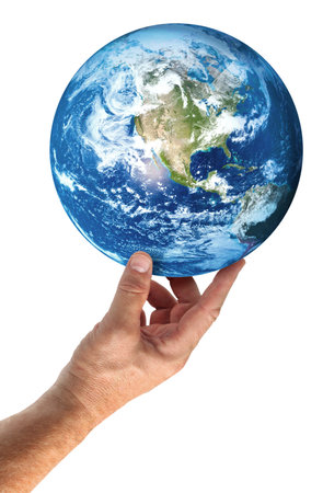 Male hand holding and supporting blue planet Earth, isolated. Ecology and climate change concept.の写真素材
