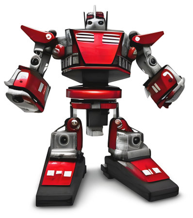 Robust robot made of recycled red car metal and plastic parts, isolated, AI generated imageの素材