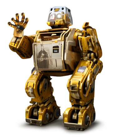 Robust heavy-duty yellow robot made of recycled metal parts, isolated, AI generated imageの素材