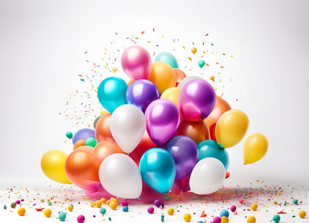Colorful birthday party balloons group and flying confetti on white background. AI generated image.の素材