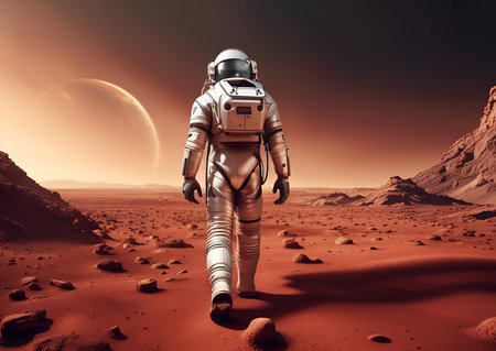 Lone astronaut walking on the red soil of the Planet Mars. AI generated image.の素材