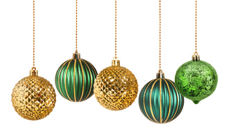 Set of five golden and green decoration Christmas balls collection hanging isolatedの写真素材