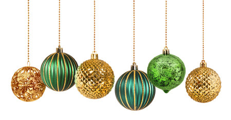 Set of six golden and green decoration Christmas balls collection hanging isolatedの写真素材