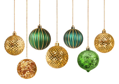 Set of seven golden and green decoration Christmas balls collection hanging isolatedの写真素材