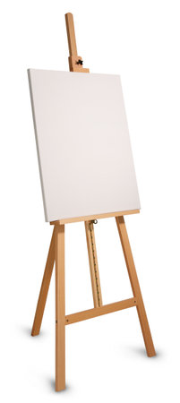 Professional painters wooden easel with empty canvas, isolated on white, with minimum drop shadow. Add your own design.の写真素材