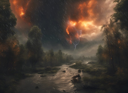 Climate change phenomenons concept, flood, natural disaster. AI generated image.の素材