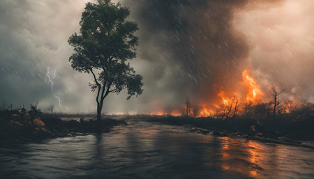 Climate change phenomenons concept, flood, heavy wind and rain, forest fires. AI generated image.の素材