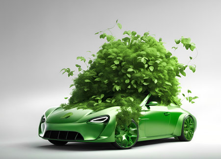Green transition and sustainability concept, modern electric car with lush green growth. AI generated image.の素材