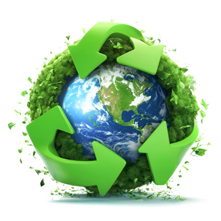 Green arrows around planet Earth recycling symbol concept, AI generated imageの素材
