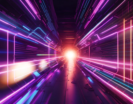 Abstract neon space tunnel with ultra violet rays and glowing speed of light lines, data highway, AI generatedの素材