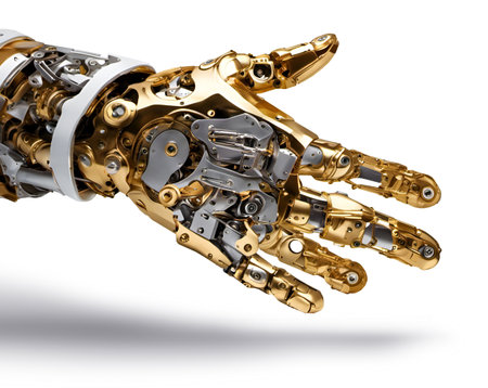Robotid handshake. Robot extends its hand for handshake, isolated on white. AI generated.の素材