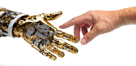 Robotic and human hands touching handshake. Robot extends its hand towards a human hand, isolated on white. AI generated.の素材