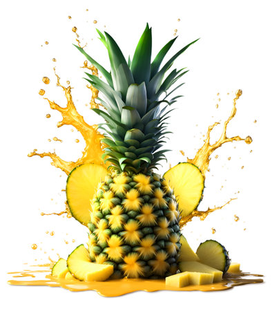 Fresh tropical pineapple bursting sweet juice, isolated on white background, AI generatedの素材