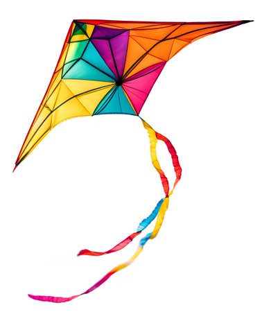 Colorful kite flying with waving ribbons, isolated, AIの素材
