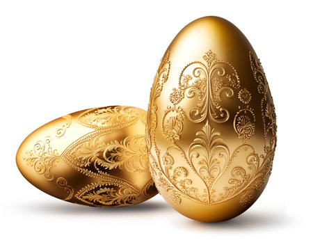 Two golden Easter eggs with beautiful ornaments decoration, isolated on white, minimum drop shadowの素材