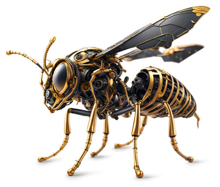 Mechanical technology wasp robot made of gold and black metal, isolatedの素材