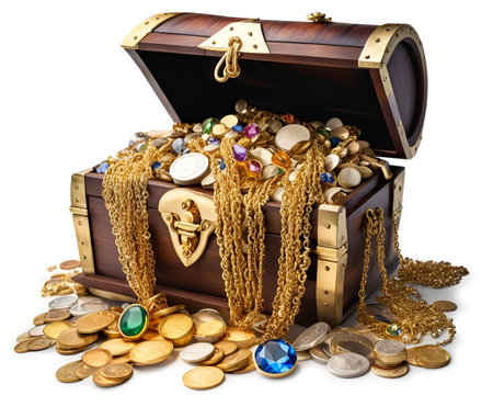 Opened treasure chest with overflowing wealth of gems, gold coins and precious jewelry, isolated on whiteの素材