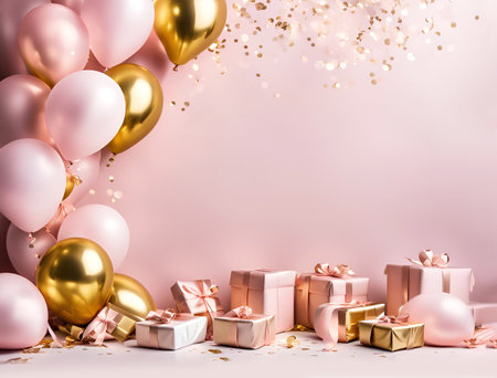 Birthday celebration background with light pink and golden balloons, gift packages and flying confetti, with copy spaceの素材