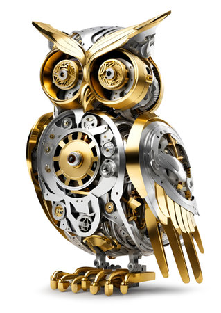 Mechanical techno owl bird, made of moving golden, silver, brass and aluminum metal parts, isolated on whiteの素材