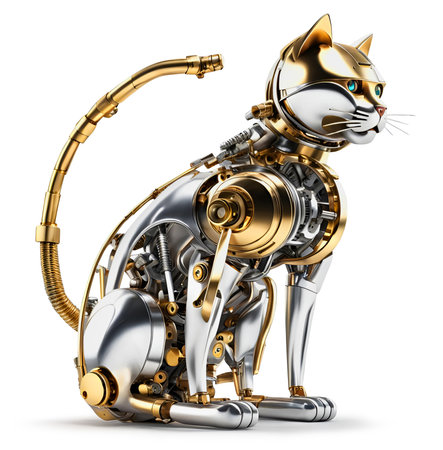 Mechanical techno bird, made of moving golden, silver, brass and aluminum metal parts, isolated on whiteの素材