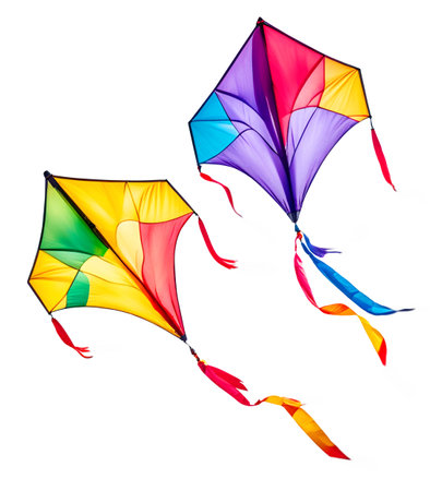 Two colorful kites flying with waving ribbons, isolated on whiteの素材