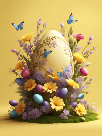 Decorated colorful Easter eggs and flowers spring arrangement with blue butterfliesの素材