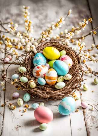 Decorated colorful Easter eggs and catkins spring arrangement on old white wooden tableの素材
