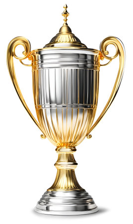 Golden and silver prize championship trophy cup isolated on white, winner conceptの素材