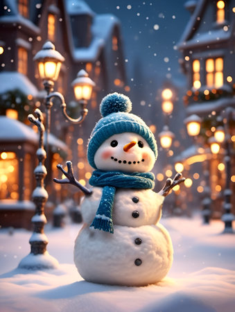 Cute happy snowman enjoying the falling snowflakes in Christmas feeling town winter eveningの素材