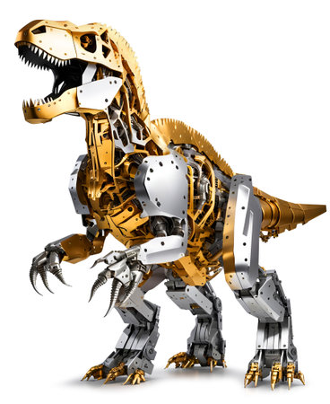 Mechanical techno Tyrannosaurus Rex, made of moving golden, silver, brass and aluminum metal parts, isolated on whiteの素材