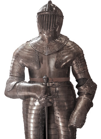 Mediaeval knight with sword in metal harness, upper body, front view isolatedの写真素材