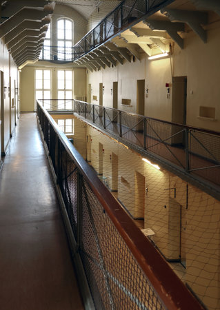 Inside view of an old three-storey prison buildingの写真素材