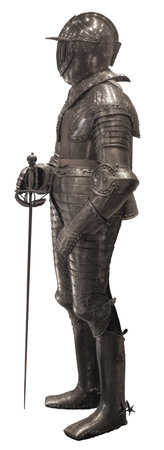 Knight with sword in metal harness,  side view, isolatedの写真素材