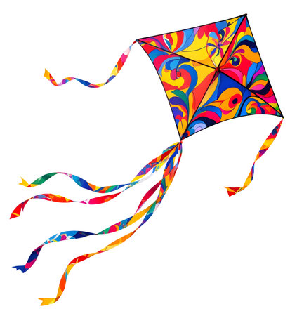 Colorful kite flying with waving ribbons, isolated on white backgroundの素材