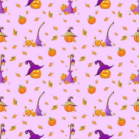 Vector pattern with yellow ticks, purple brooms. Illustration for postcards, backgrounds, textures, printing on packages, wallpaper, paperのイラスト素材