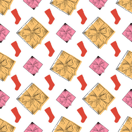 New Year's pattern with yellow and pink gift boxes, red socks. Illustration for printing on packages, dÃ©cor of New Year and Christmas toys, packages, gifts.のイラスト素材