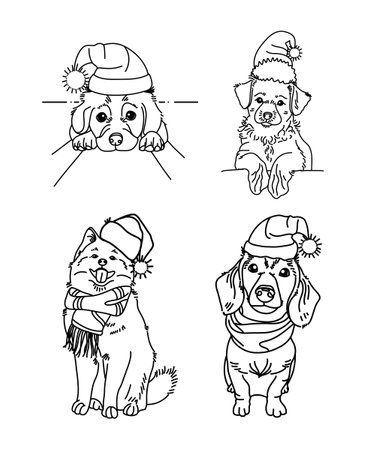 Vector contour drawing of Christmas dog in hat and scarf. Line illustration for coloring, tattoos, kids, decoのイラスト素材